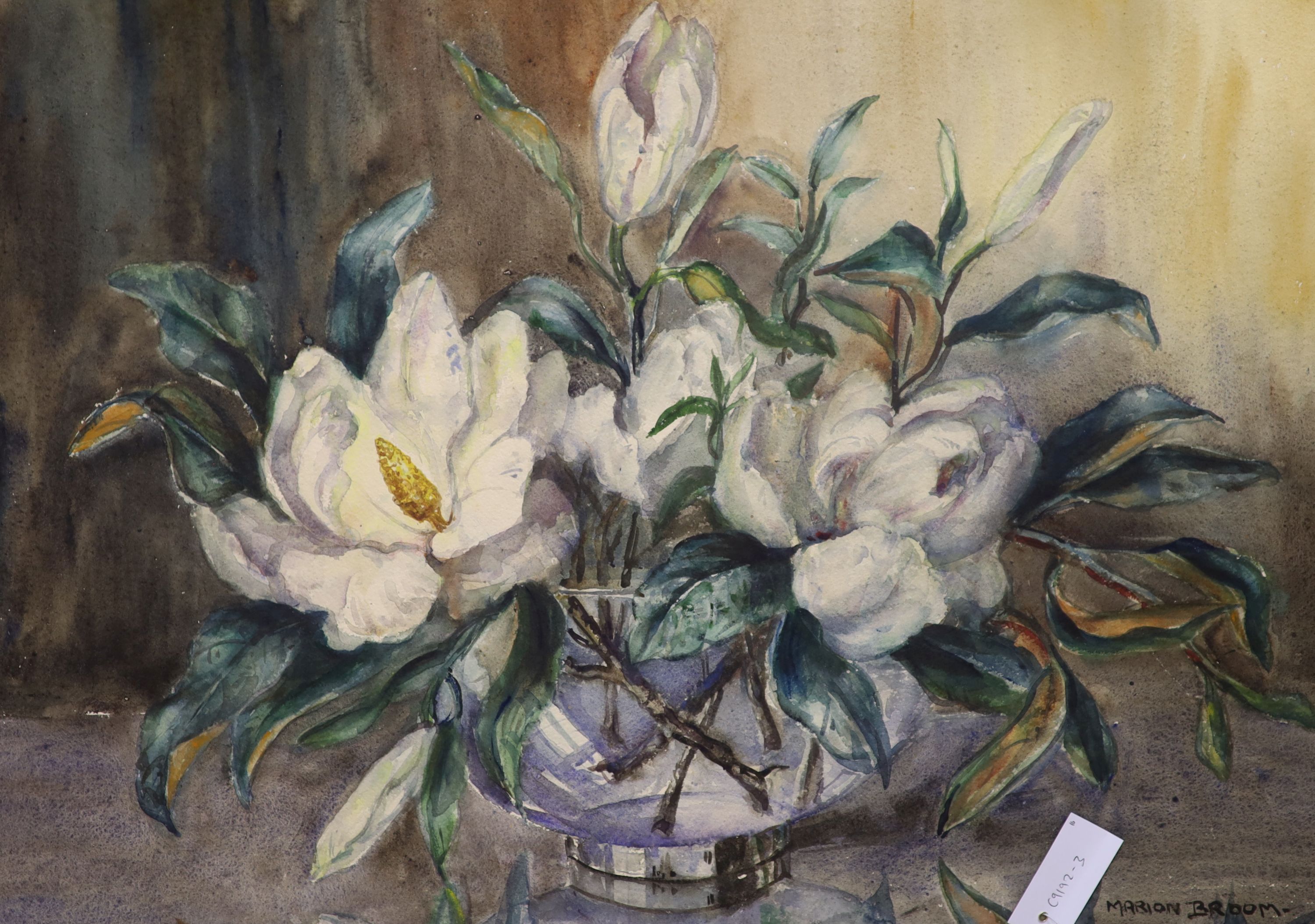 Marion Broom (1878-1962), watercolour, Still life of magnolia blooms in a glass vase, signed, 55 x 75cm